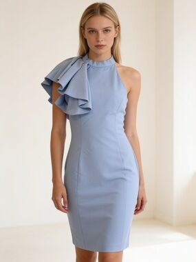 NWT Love Ady One Shoulder Ruffle Sheath Dress Blue Large